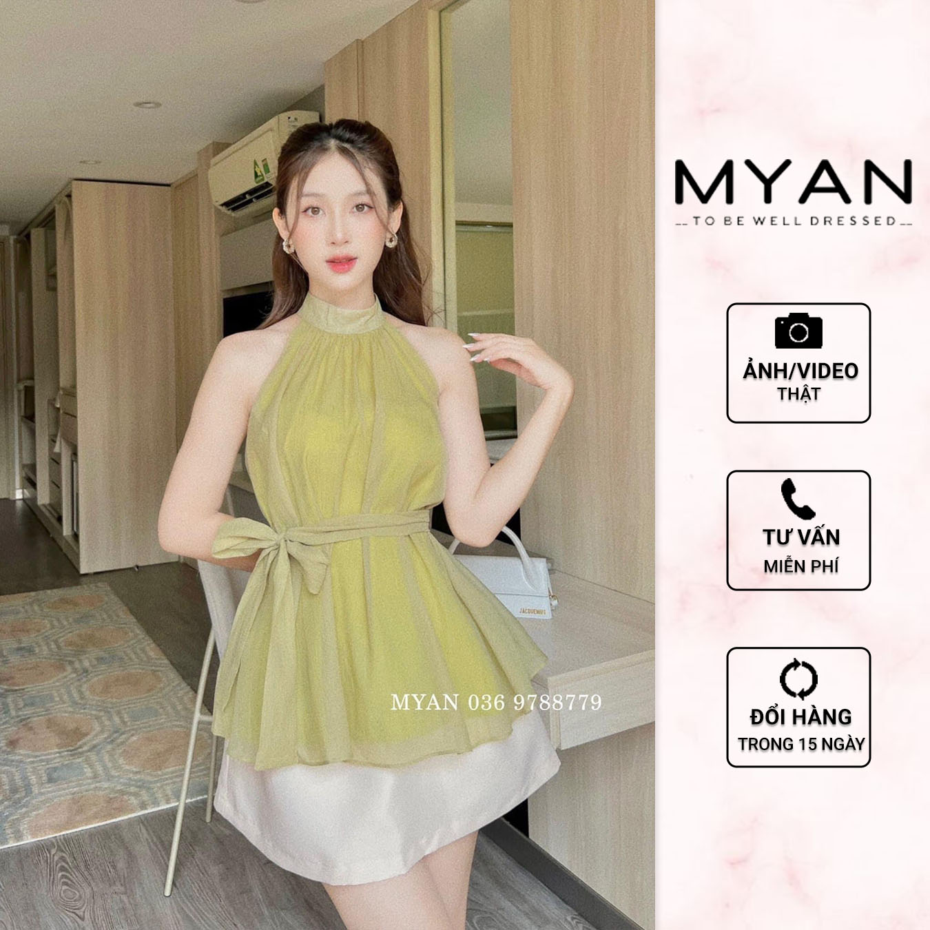 Áo cổ yếm sát nách kèm đai rời chất voan tơ 2 lớp màu pastel myan - avn042320