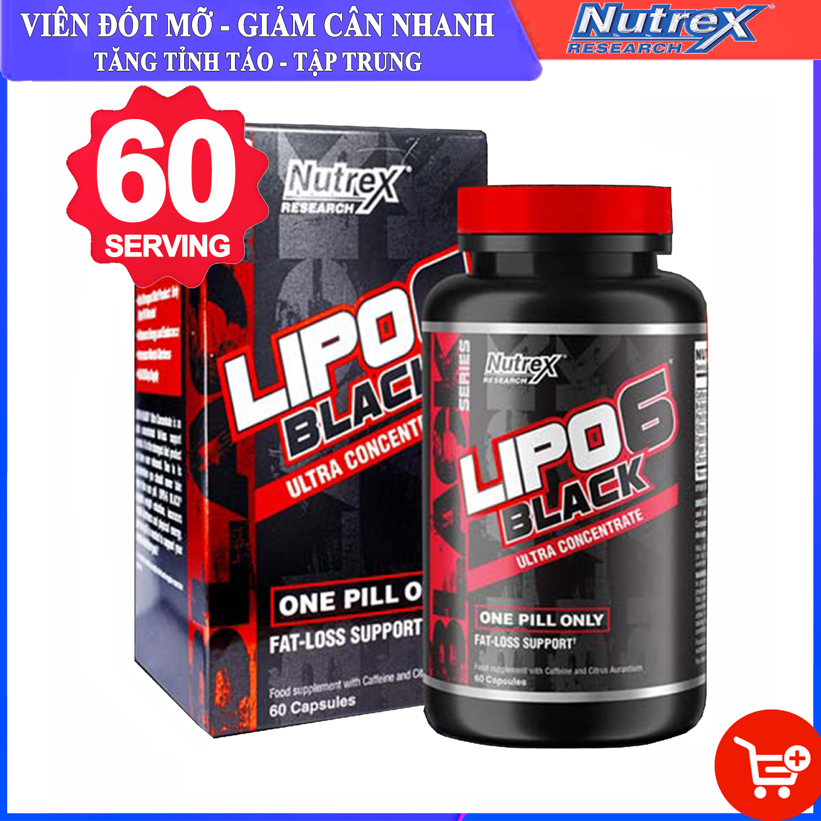 Viên đốt mỡ cực mạnh Lipo 6 Black của Nutrex hỗ trợ giảm cân đốt mỡ tăng tỉnh táo tập trung và độ bền vận động hộp 60 viên