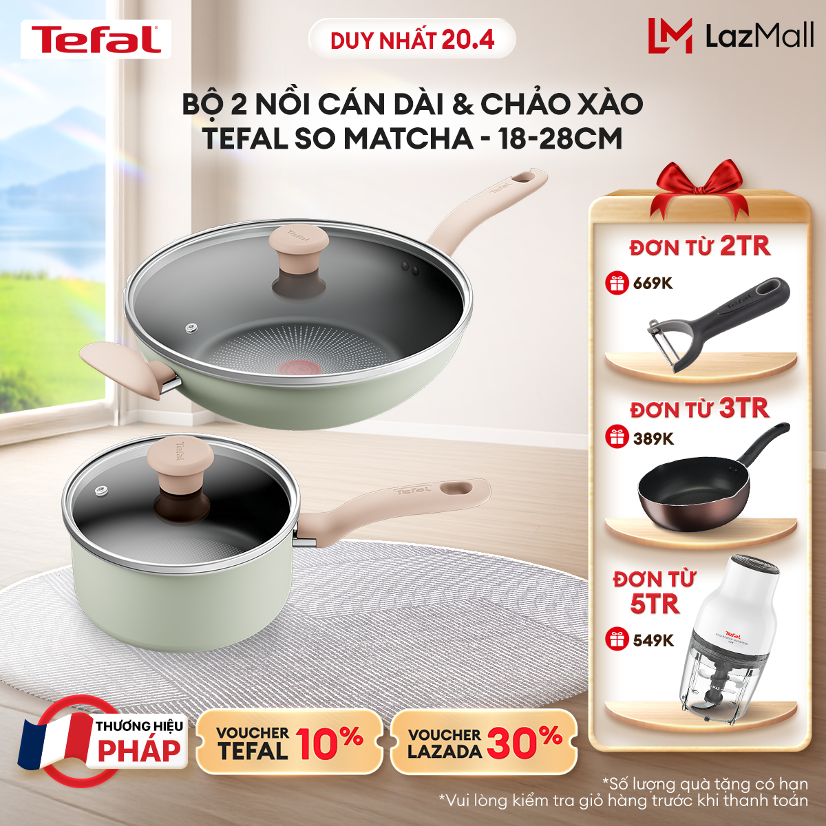 [NHẬP MÃ TEFALOFF30T4 GIẢM 30%] Bộ 2 nồi cán dài & chảo xào Tefal So Matcha - 18-28cm