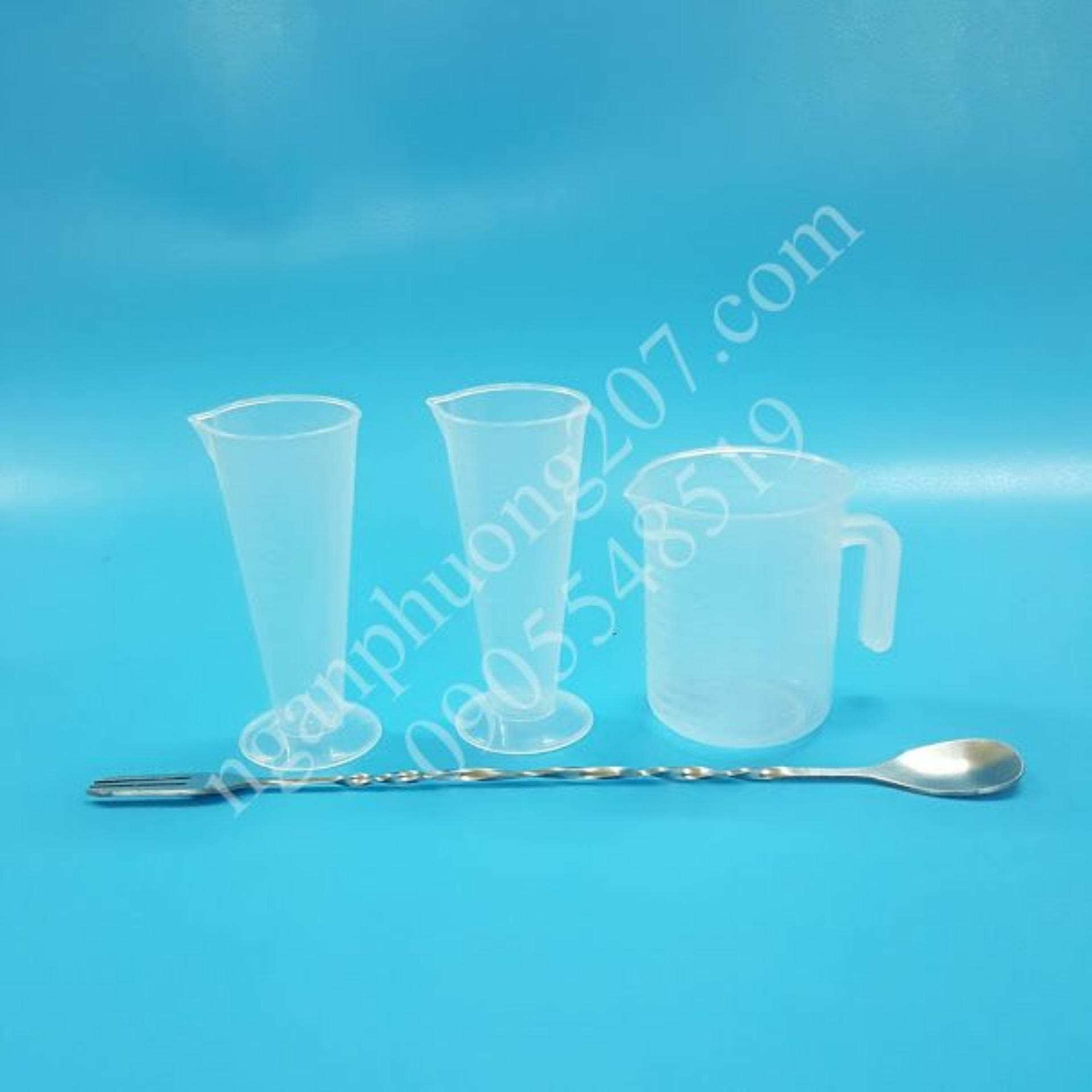 Bộ dụng cụ pha chế 2 ly đong 100ml, ca đong 300ml, muỗng khuấy inox 2 đầu