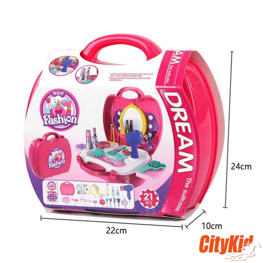 (HÀNG CÓ SẴN) Hộp đựng đồ trang điểm cho búp bê 21 chi tiết có gương soi, máy sấy,son, nuoc hoa....dành riêng cho be gái, Do choi trang diem cho bup be 21 chi tiet co guong soi, nuoc hoa, may say toc.. danh cho be gai