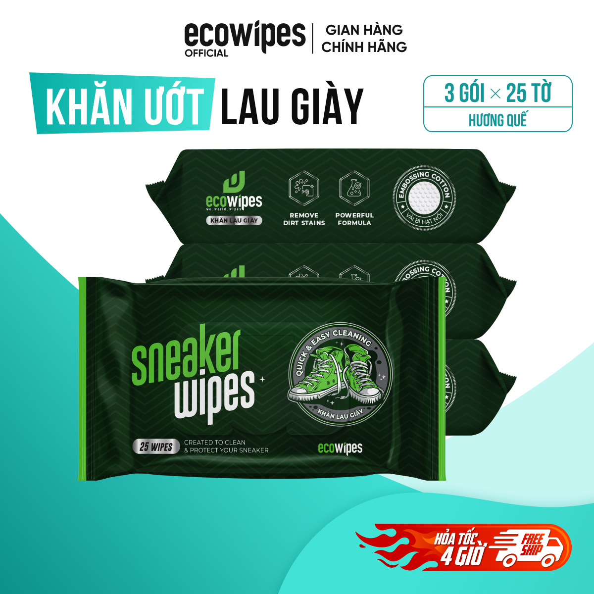 Combo 03 gói Khăn ướt lau giày thể thao cấp tốc Sneaker EcoWipes gói 25 tờ hương quế khử mùi