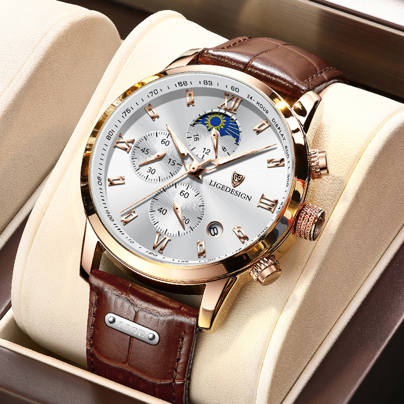 LIGE Nguyên bản đồng hồ đeo tay thạch anh Thời trang Dây da Không thấm nước Chronograph đồng hồ đeo tay chống nước