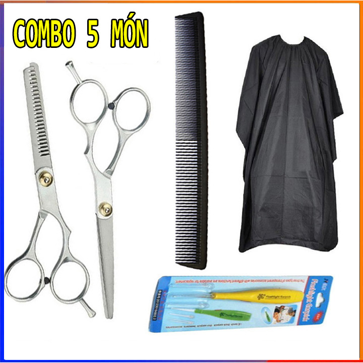 Combo phụ kiện tóc bộ kéo cắt tỉa, áo choàng, lược, lấy ráy tai