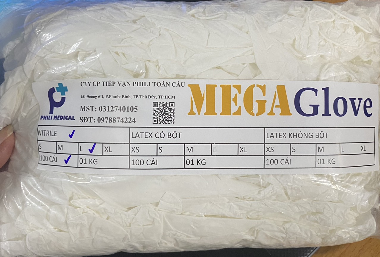 Găng tay y tế Nitrile Megaglove màu trắng/đen, bịch 1 kg