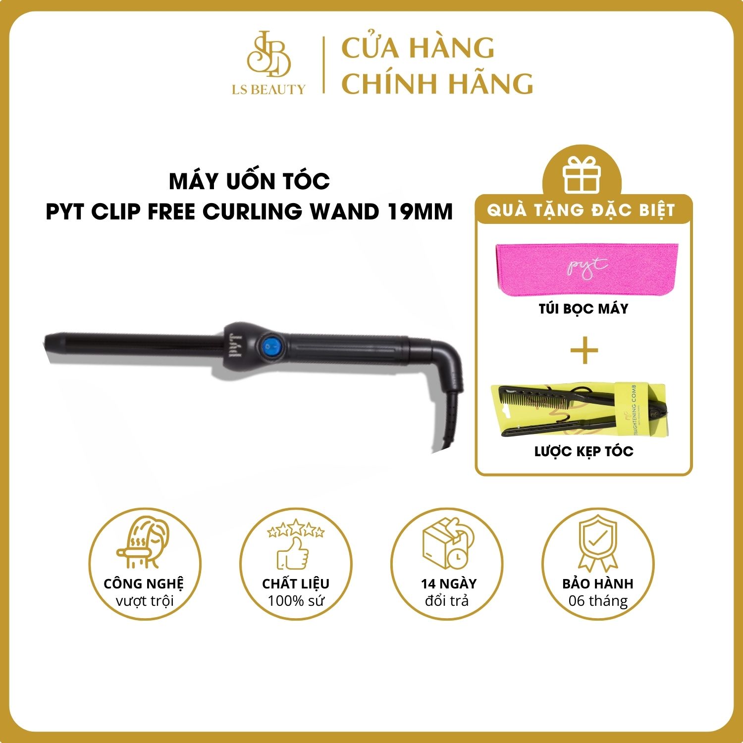 Máy uốn tóc gợn sóng pyt clip free curling wand lõi sứ bọc tourmaline - kèm găng tay chịu nhiệt