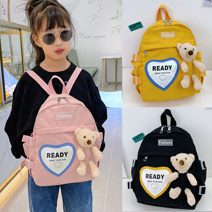 Balo vải dù mềm chống thấm nước kèm gấu cho bé trai bé gái đi học mầm non size 32cm