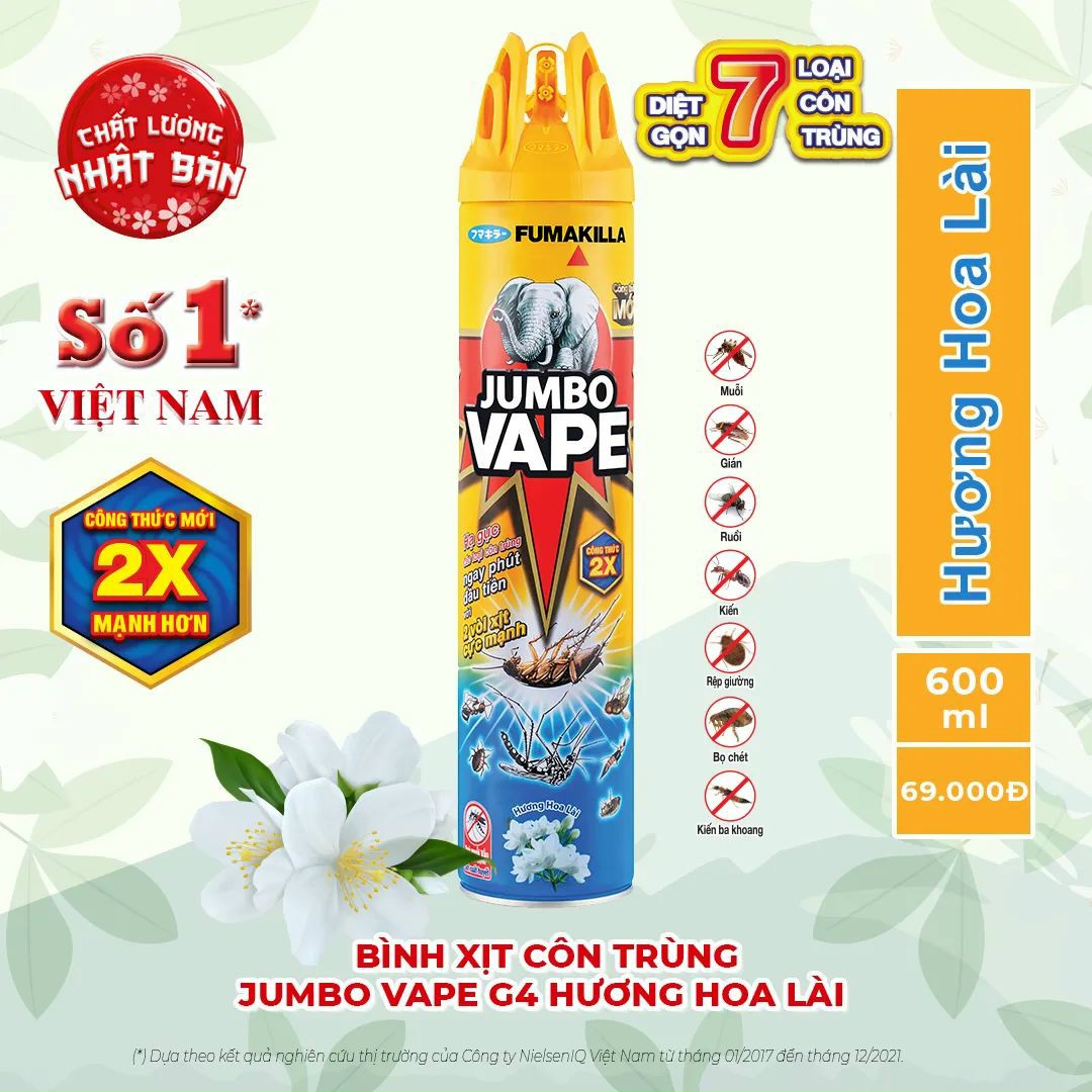 Bình xịt muỗi/côn trùng JUMBO VAPE 600ml mới diệt bảy loại côn trùng : Ruồi, muỗi, kiến, gián, bọ chét, kiến ba khoang, rệp giường