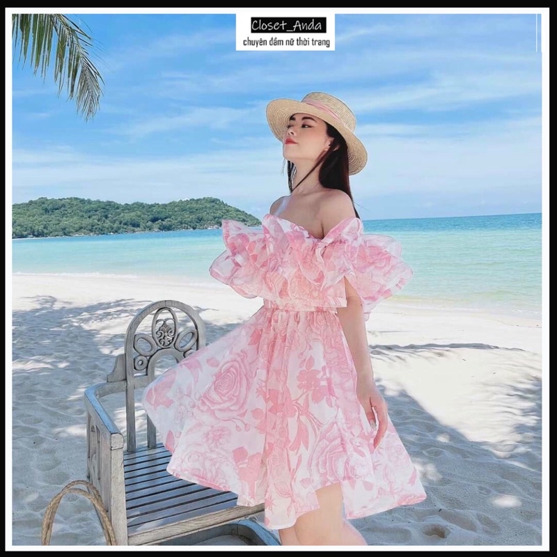 Đầm nữ dáng xòe trễ vai bèo ngực FREESHIP váy nữ hoa đi biển du lịch sexy nhún bèo
