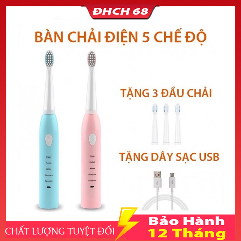 Bàn Chải Điện Đánh Răng 5 Chế Độ Hàng Nội Địa Nhật Cao Cấp Chống Nước sử dụng sạc USB ,kèm 4 đầu bàn chải, bảo hành 1 đổi 1