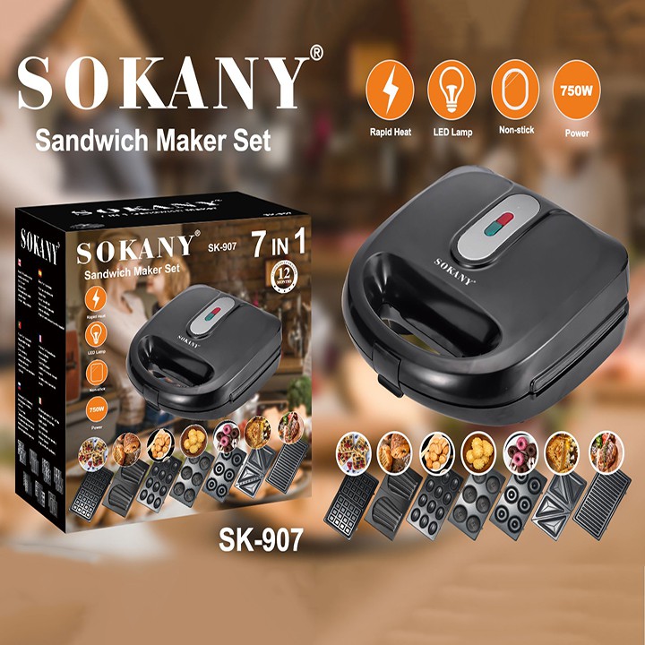Máy Nướng Bánh Đa Năng, Máy Làm Bánh 7 Loại Khuôn SOKANY Nướng bánh mì, Waffle, Kep Tổ Ong