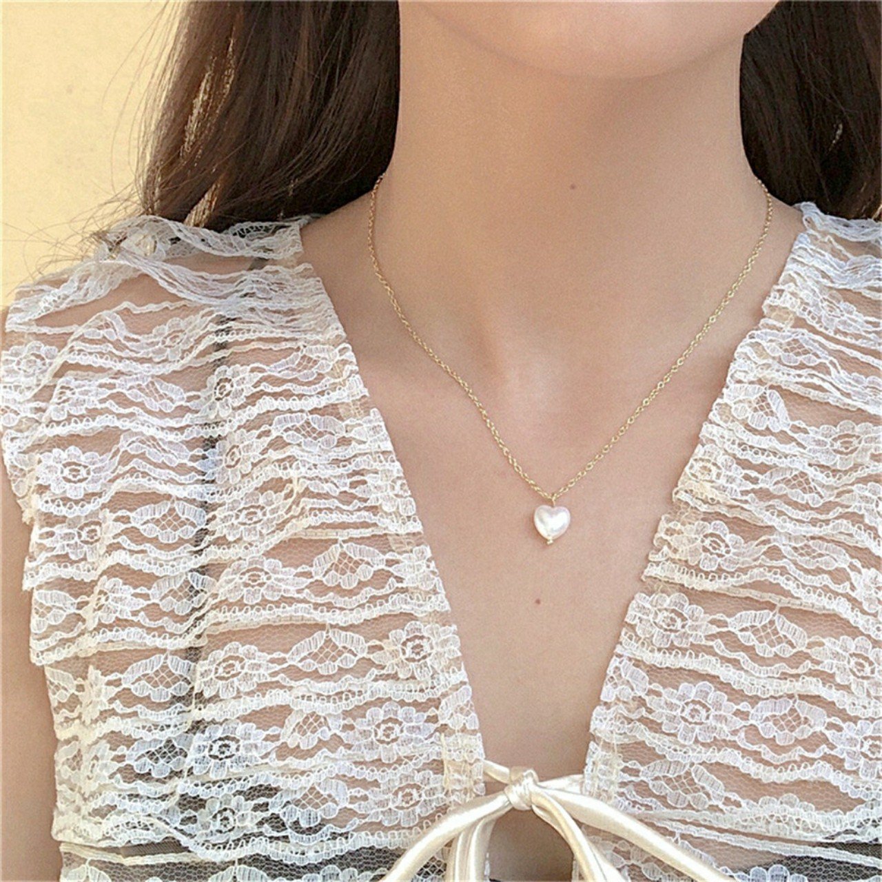 vòng cổ Mặt Hình Trái Tim Đính Ngọc Trai Thời Trang Cho Nữ