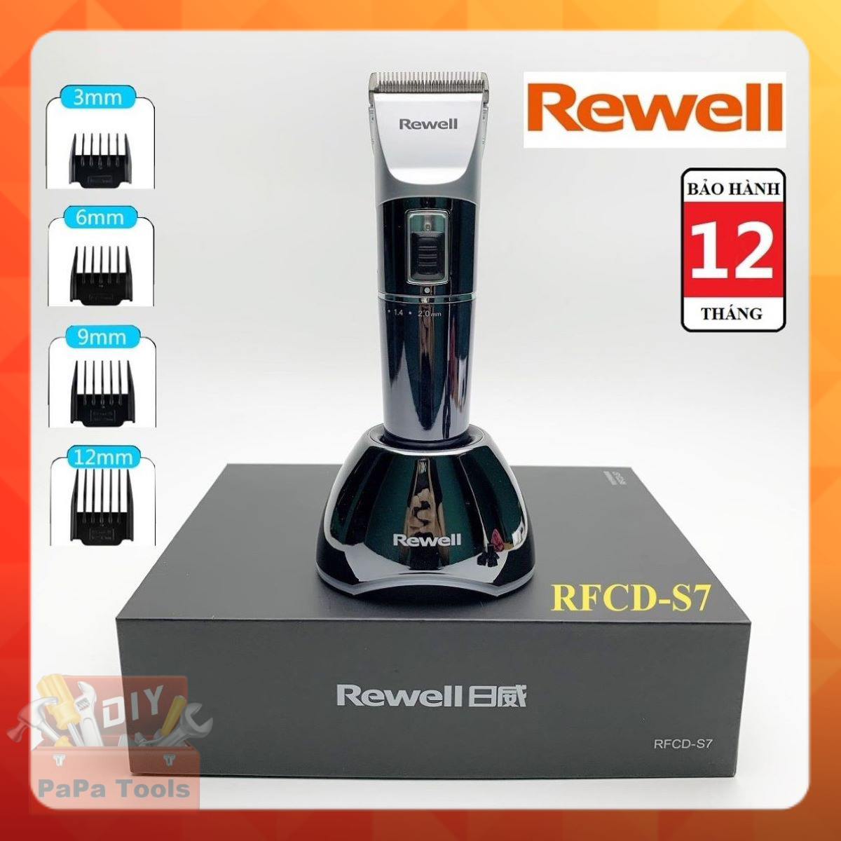 Tông đơ Pin Rewell S7 công suất máy 12W (siêu khỏe) pin 2500mAh, thiết kế sang trọng cho salon, lưỡi cắt titanium sắc nét.