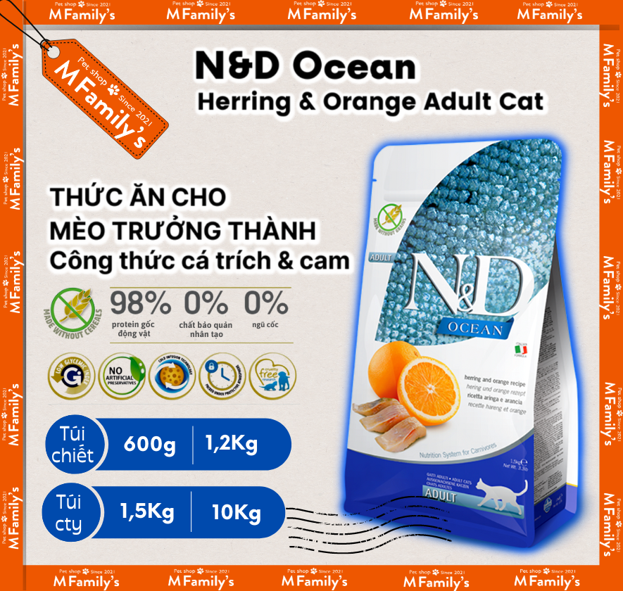 Thức Ăn Hạt N&D Ocean Cho Mèo trưởng thành vị Cá trích & Cam Farmina N&D