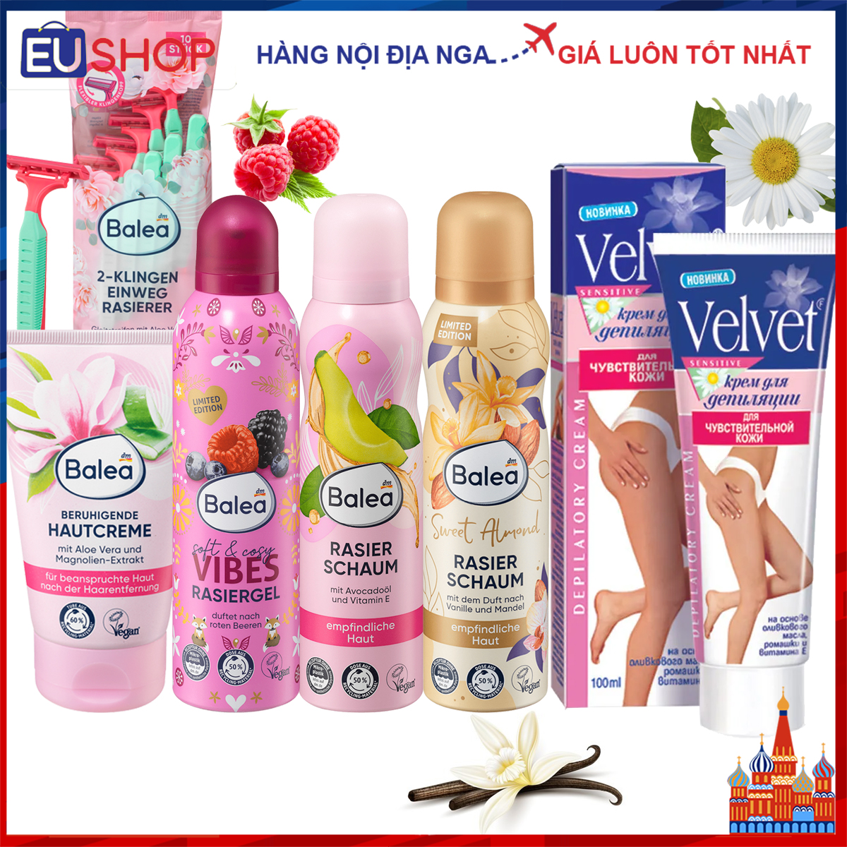 Bộ tẩy lông và dưỡng da sau wax Balea Đức - Kem tẩy lông Velvet Hoa Cúc, Oliu, Vitamin E cho da nhạy cảm