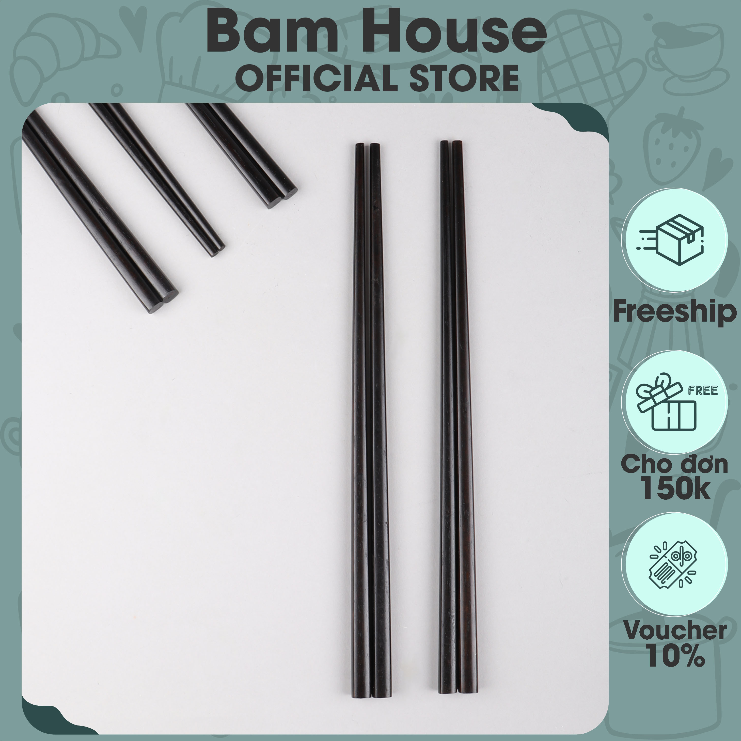 Bộ 10 đôi đũa gỗ sắn ổi Bam House màu đen cao cấp thân thiện môi trường DSO02 - Gia dụng bếp