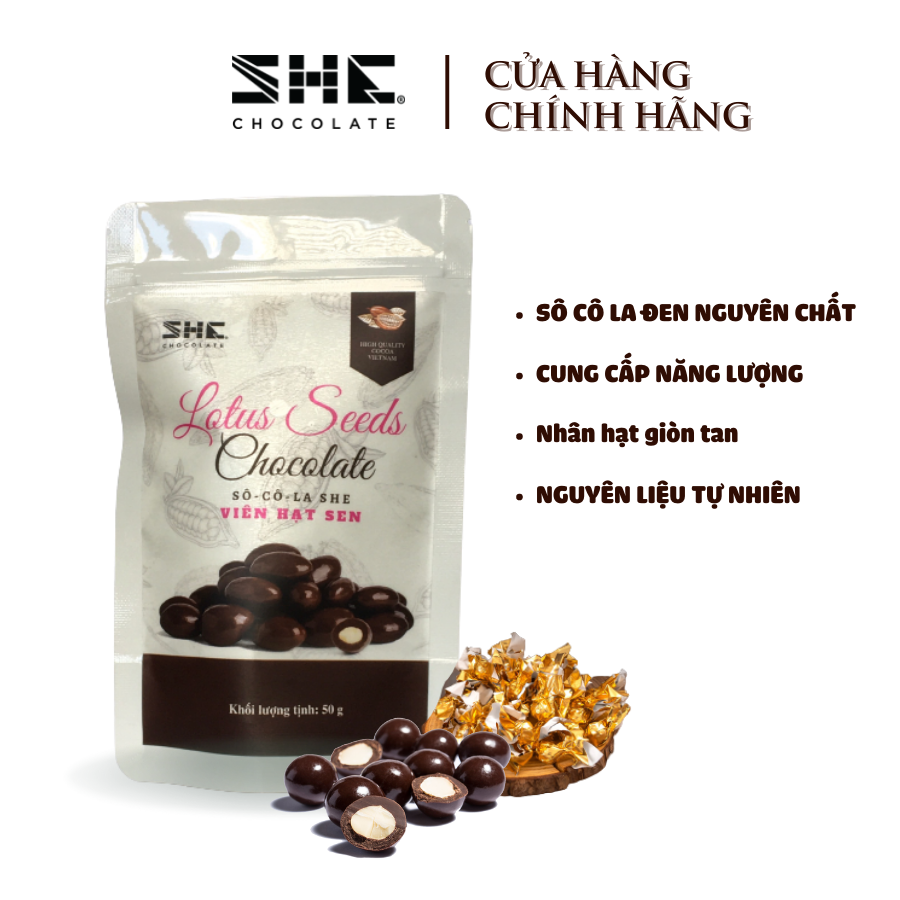 Socola viên Hạt sen - vị Socola Hạt sen - SHE Chocolate - Túi 50g - Socola viên - Hương vị thơm ngon, tốt cho sức khỏe. Thích hợp ăn vặt hoặc làm quà tặng đặc biệt