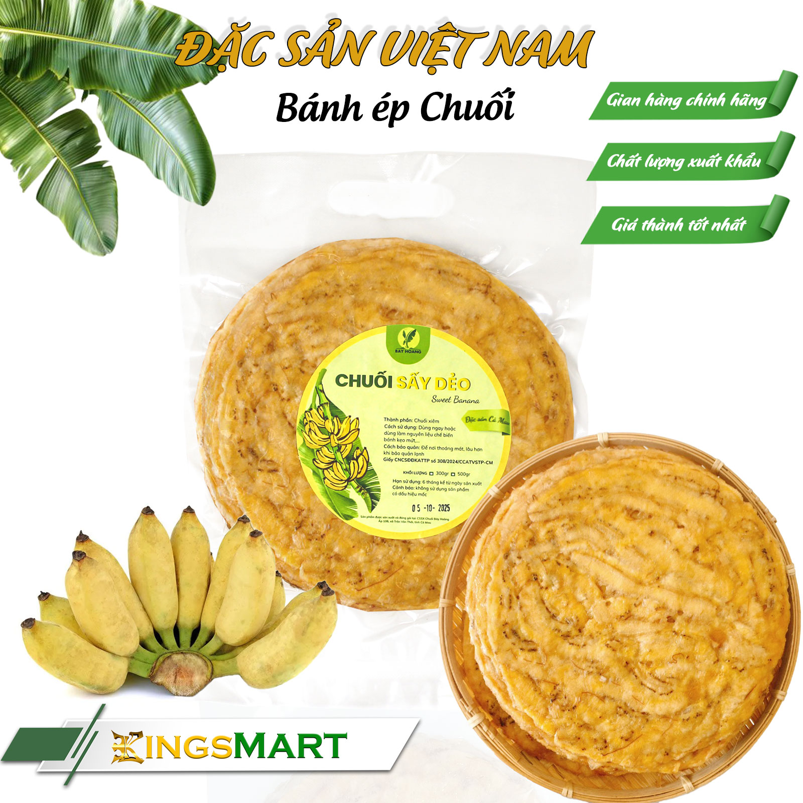[Siêu tiết kiệm] Combo 5 Bánh Chuối Xiêm Ép Dẻo - Thương hiệu BẢY HOÀNG - Đặc Sản Cà Mau - Túi 500gr - Kingsmart