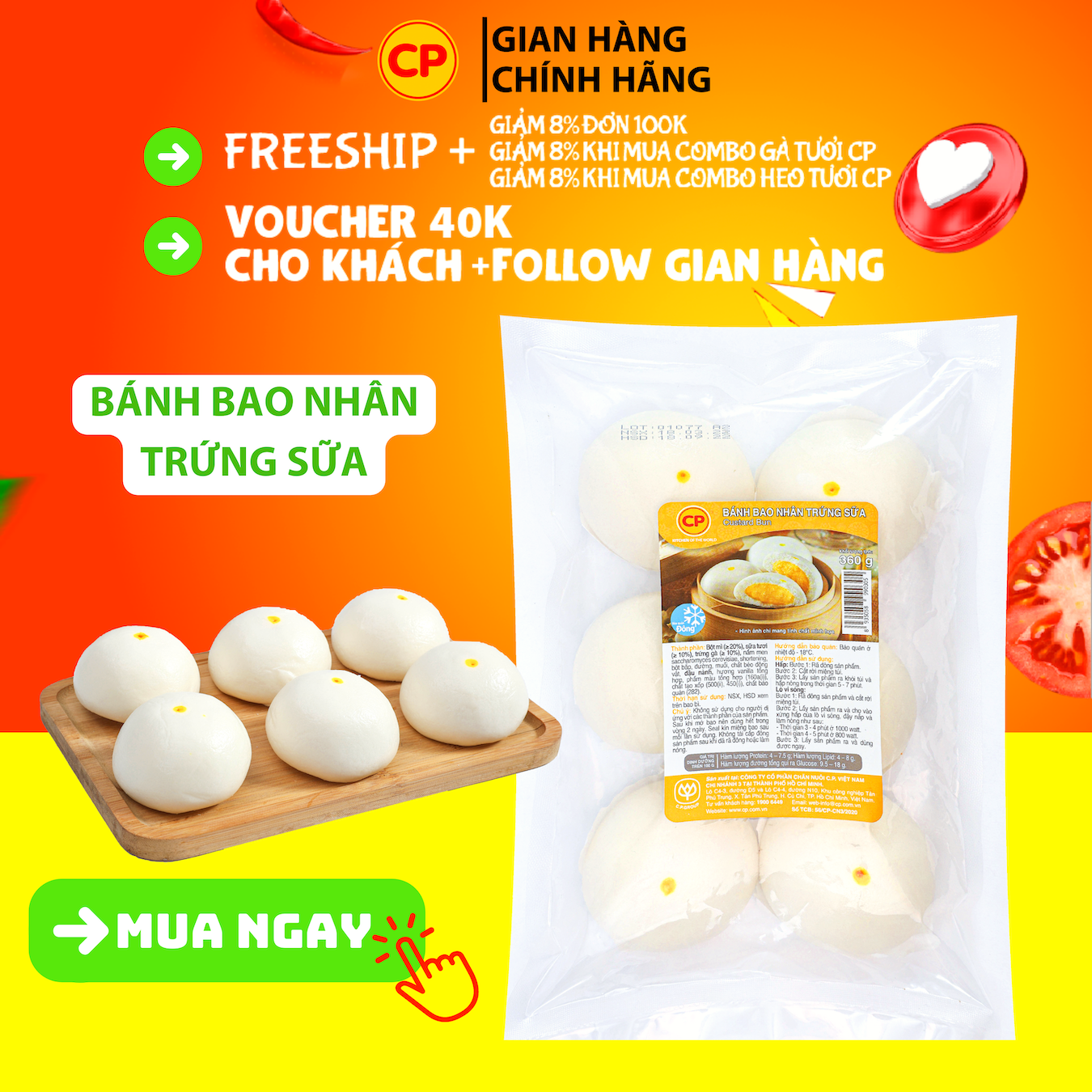 [2h] Bánh bao trứng sữa 360g - bánh bao ăn sáng tiện lợi