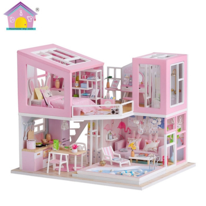 Mô hình nhà gỗ DIY - Pink house chưa bao gồm mica che bụi