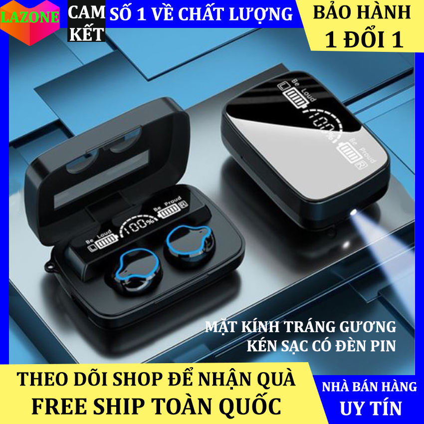 Tai nghe bluetooth M9 tai nghe không dây bluetooth 5.0 M9 chống nước, chống bụi, tai nghe mặt kính tráng gương, kén sạc dung lượng cao có đèn pin soi, tai nghe dùng cho mọi điện thoại