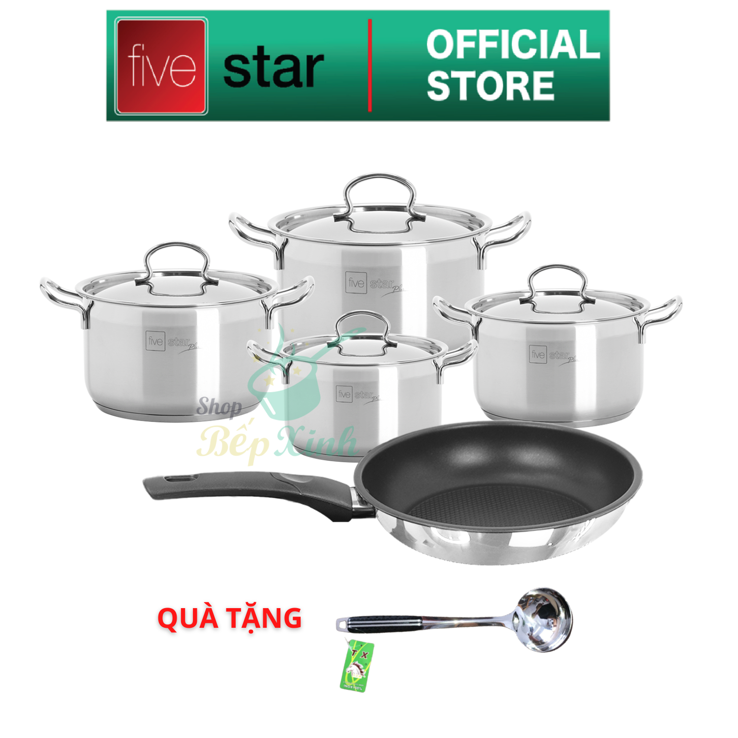 Bộ nồi chảo đáy từ inox 304 cao cấp 3 đáy fivestar plus size 16cm , 18cm , 20cm , 24cm và 1 chảo chống dính 24cm , tặng 1 vá canh