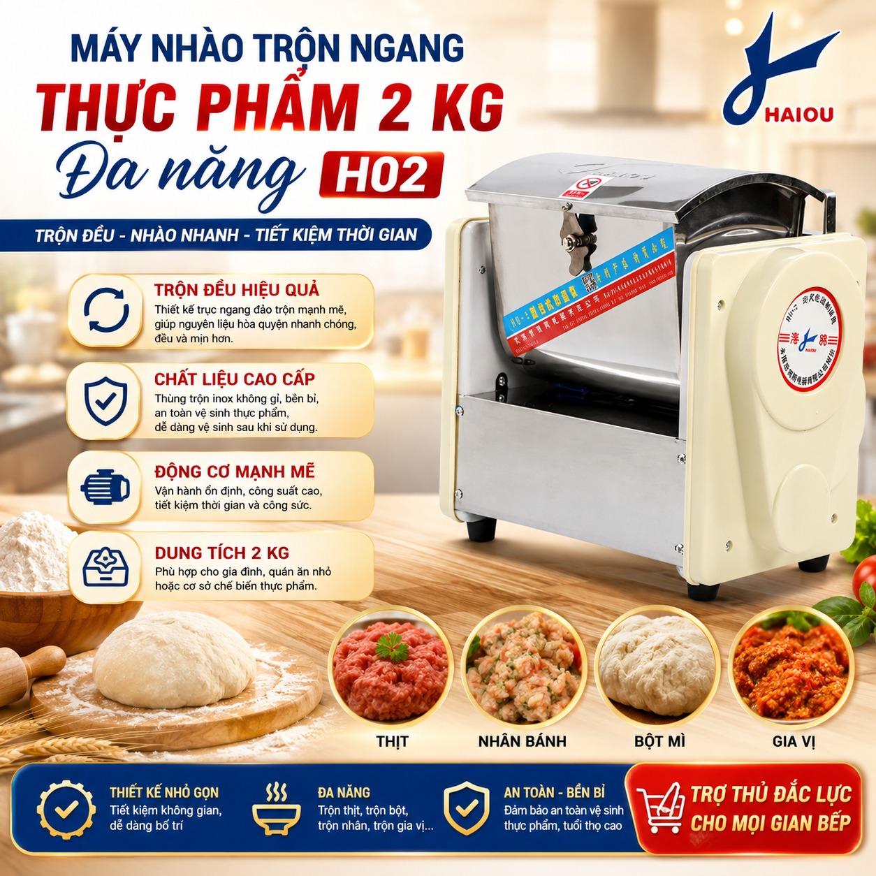 Máy Trộn Ngang Thực Phẩm 2 Kg Đa Năng H02 370W HAIOU Dough Making Machine PVN2540
