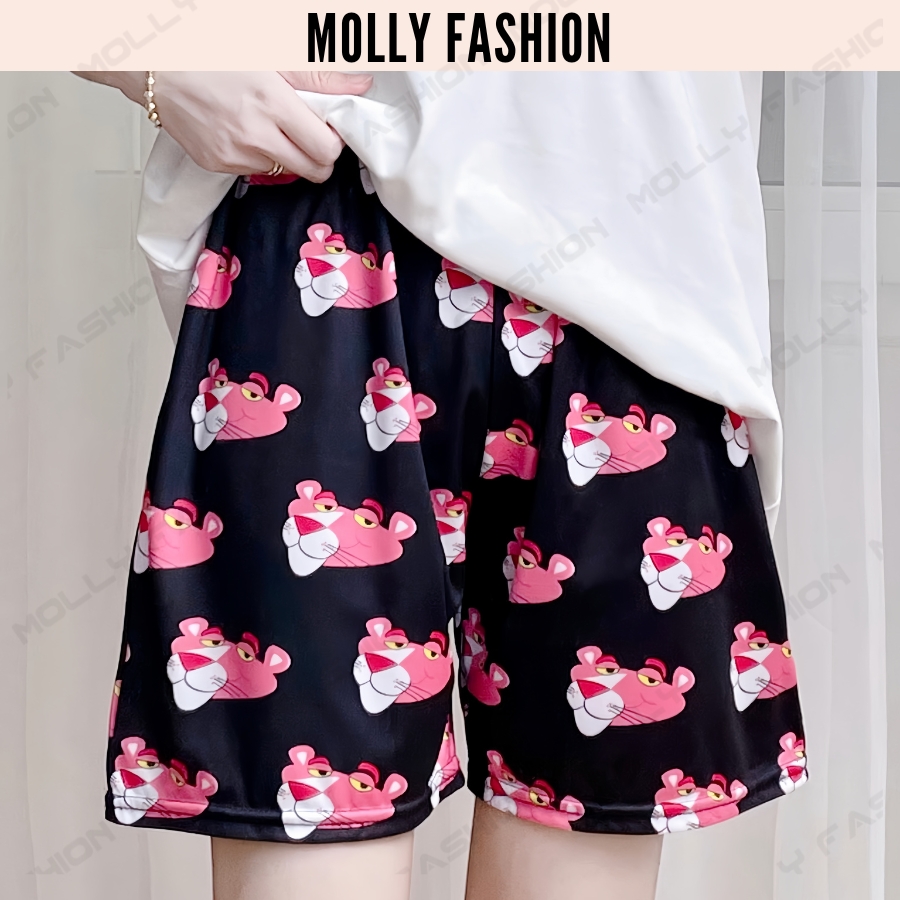 Quần Short hoạt hình BÁO HỒNG Unisex dành cho nam nữ mặc nhà, đi biển, mặc nhóm Freesize 38-80kg Molly Fashion