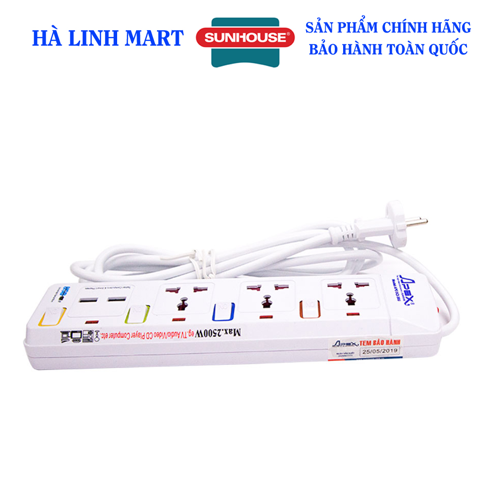 Ổ cắm điện sunhouse apex ape-oc2-3ru - công suất định mức 2500w - ổ cắm đa năng có cổng sạch - bảo hành 12 tháng