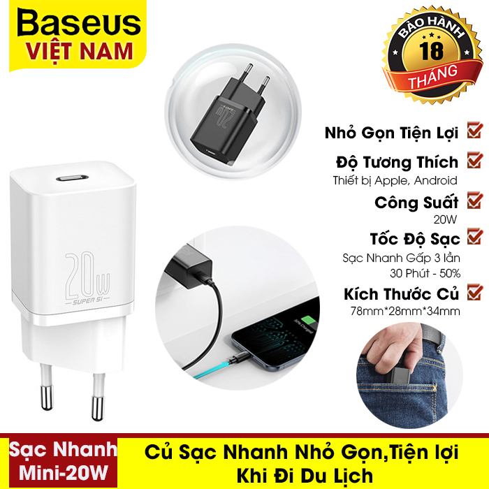[BẢO HÀNH 18 THÁNG] Củ Sạc Nhanh mini Baseus, hỗ trơ sạc nhanh PD 3.0, QC 3.0 cho Iphone 12 /Samsung/Xiaomi,...20W