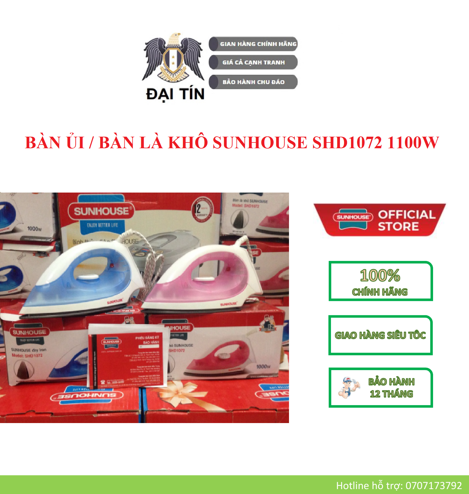 Shd1072 - bàn ủi khô sunhouse 1100w – bảo hành chính hãng 12 tháng
