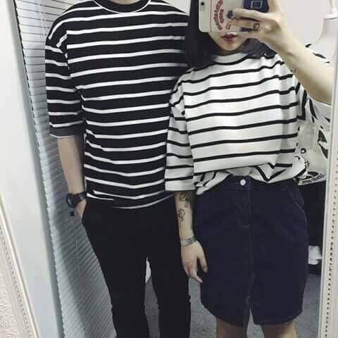 Combo 2 áo thun nam nữ form rộng kẻ ngang vải dày mịn, thoáng mát