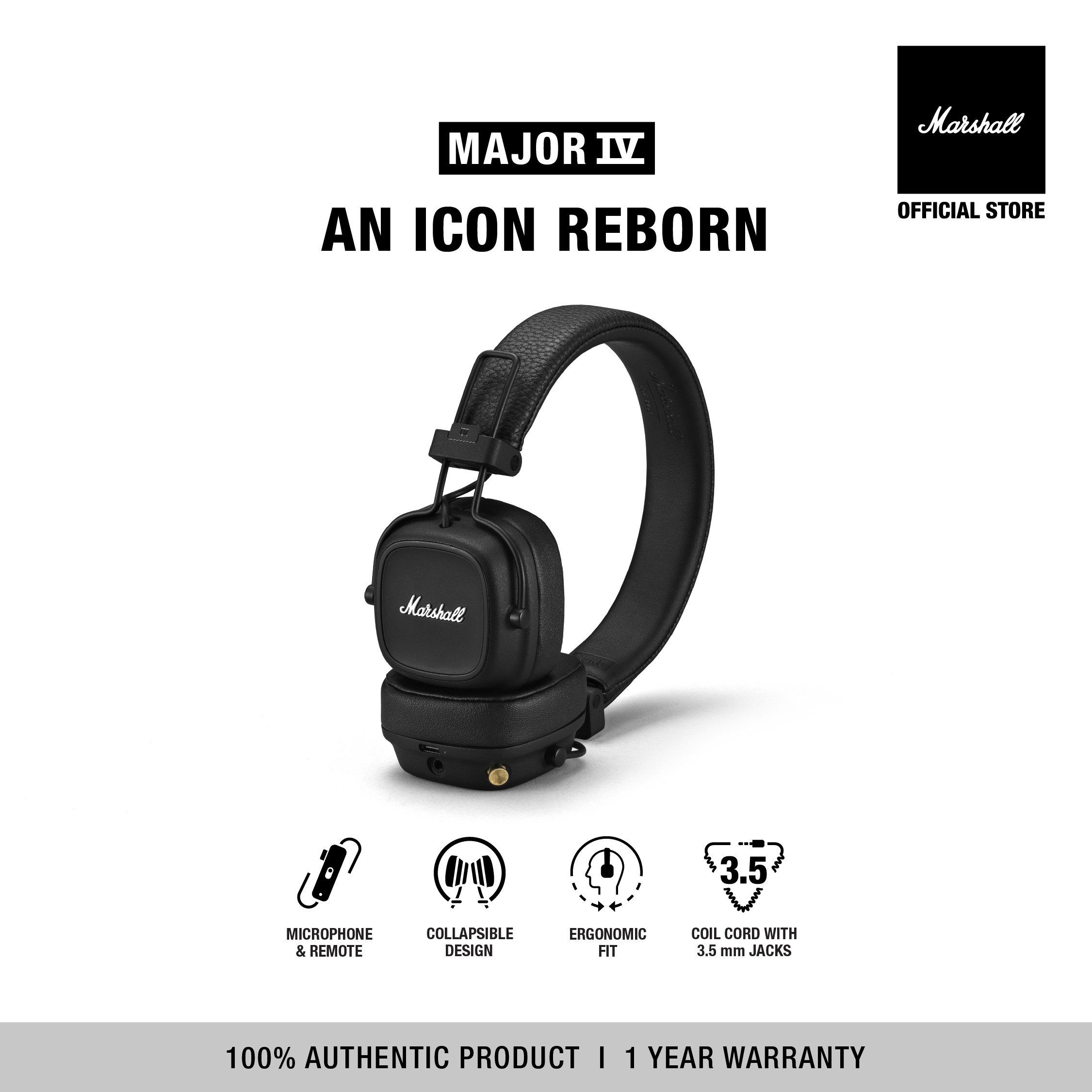Tai Nghe Marshall Bluetooth MAJOR IV - Pin lên đến 80 giờ* -  Bảo Hành Chính Hãng 1 Đổi 1 Trong 1 Năm
