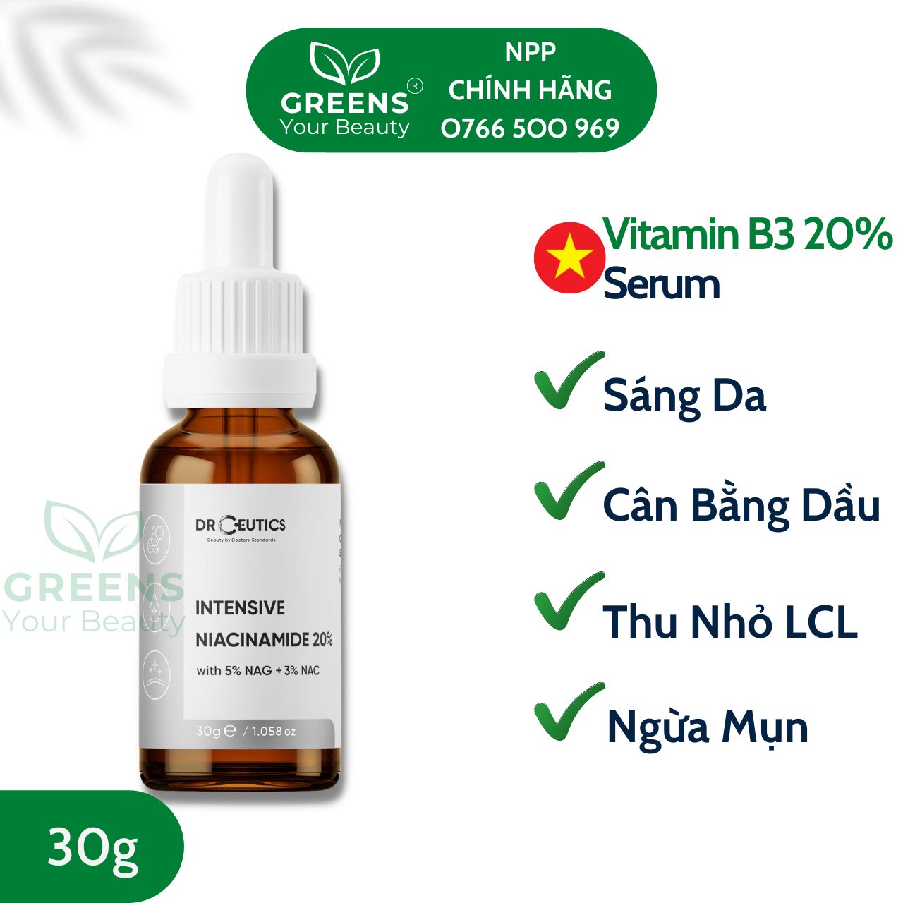Serum Vitamin B3 20% DrCeutics - Làm Sáng Da, Mờ Thâm Sạm &amp; Se LCL - Niacinamide 20% + NAG 5% + NAC 3% | Greens Beauty