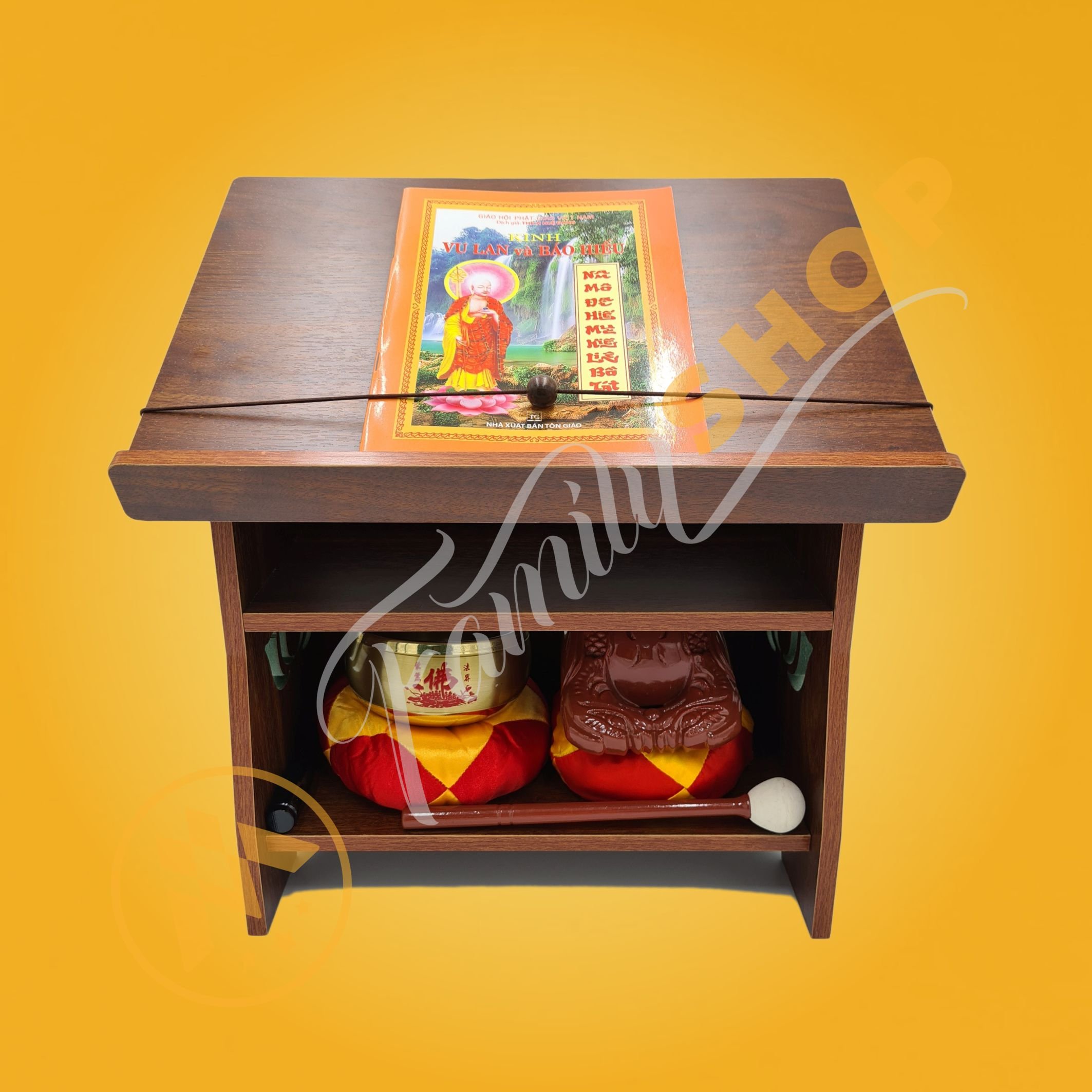 Kệ Đọc Sách Kinh Phật Hoa Sen chất liệu MDF, phủ melamine 2 mặt chống xước màu vân gỗ/ Bàn tụng Kinh/Bàn đọc sách