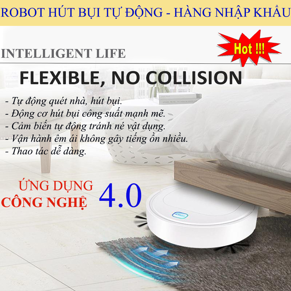 Robot Hút Bụi Lau Nhà Thông Minh Tự Động Phát Hiện Các Đồ Nội Thất, Dễ Dàng Làm Sạch Các Vị Trí Khó Như Gầm Giường, Tủ, Gầm Ghế Sofa. Bảo Hành 3 tháng + 1 móc silicon