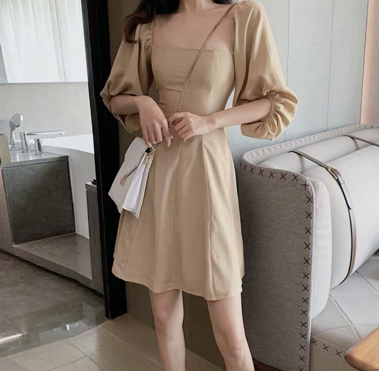 [HCM]Đầm dự tiệc kem tay phồng phong cách hot trend Hàn Quốc (Có size lớn)