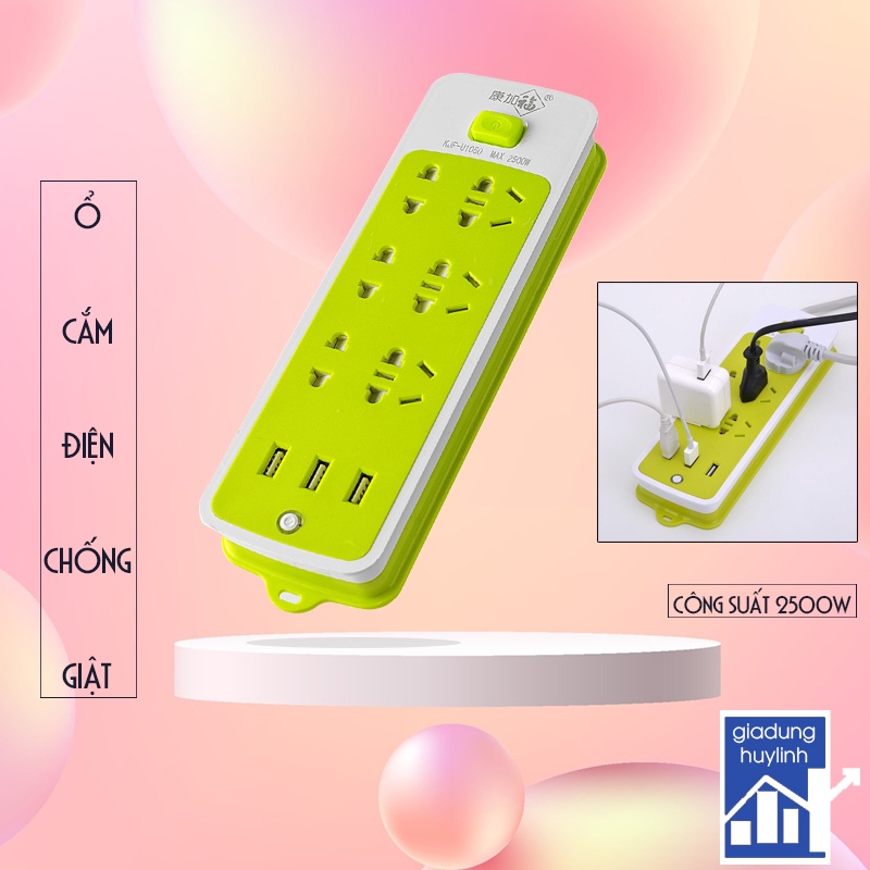 Ổ Cắm Điện Đa Năng 3 Cổng USB Tiêu Chuẩn Và 6 Lỗ Cắm Phích 3 Chấu/2 Chấu