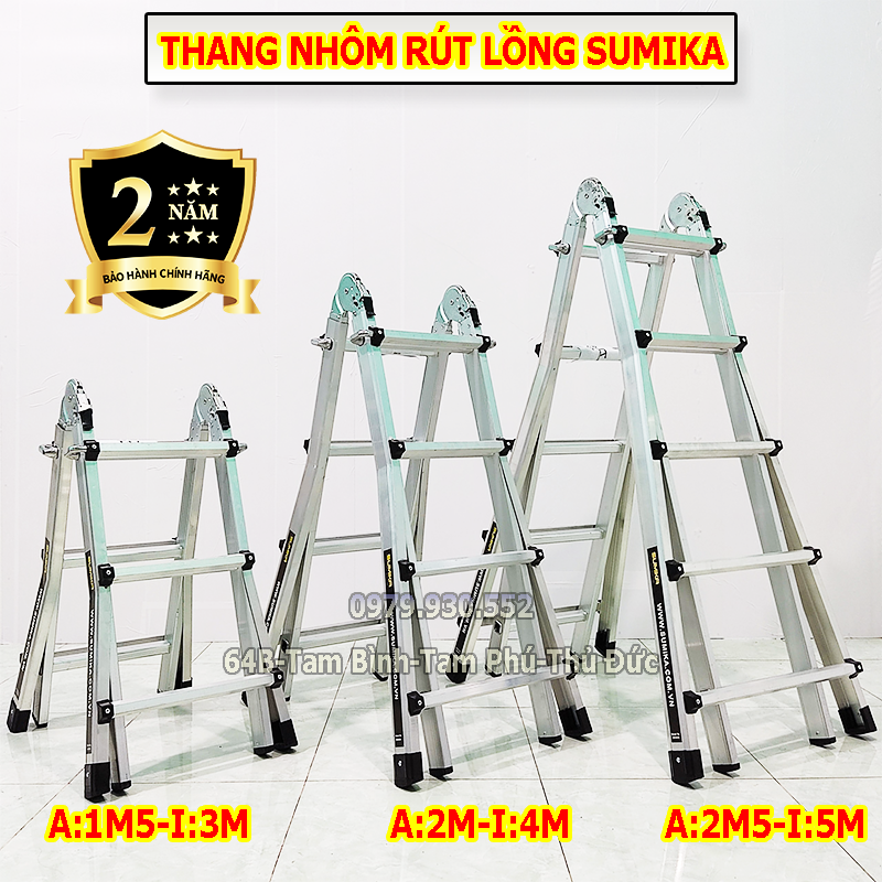 Thang nhôm rút lồng SUMIKA SKM403, SKM404, SKM405 chiều cao chữ A từ 0.9m đến 2m5, chiều cao chữ I từ 2m đến 5m. Thang nhôm gấp trượt, thang đa năng Sumika bảo hành 2 năm