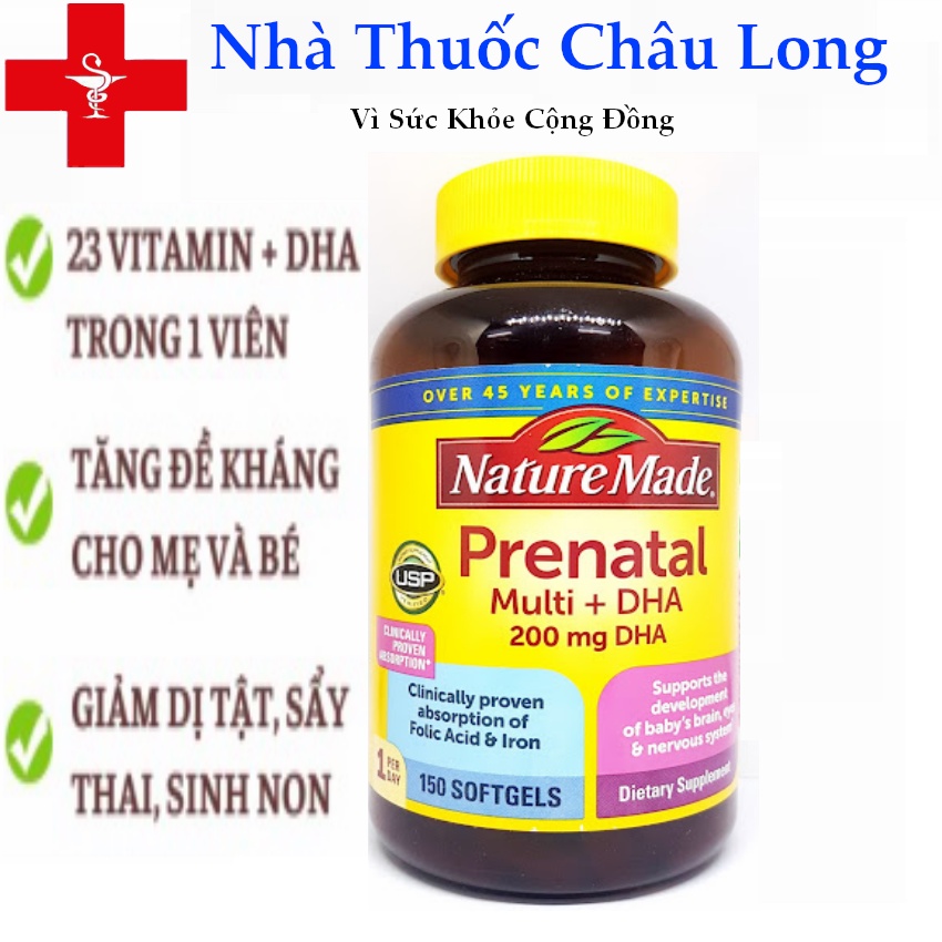 Viên uống bà bầu nature made – prenatal multi +dha 150 viên-mới