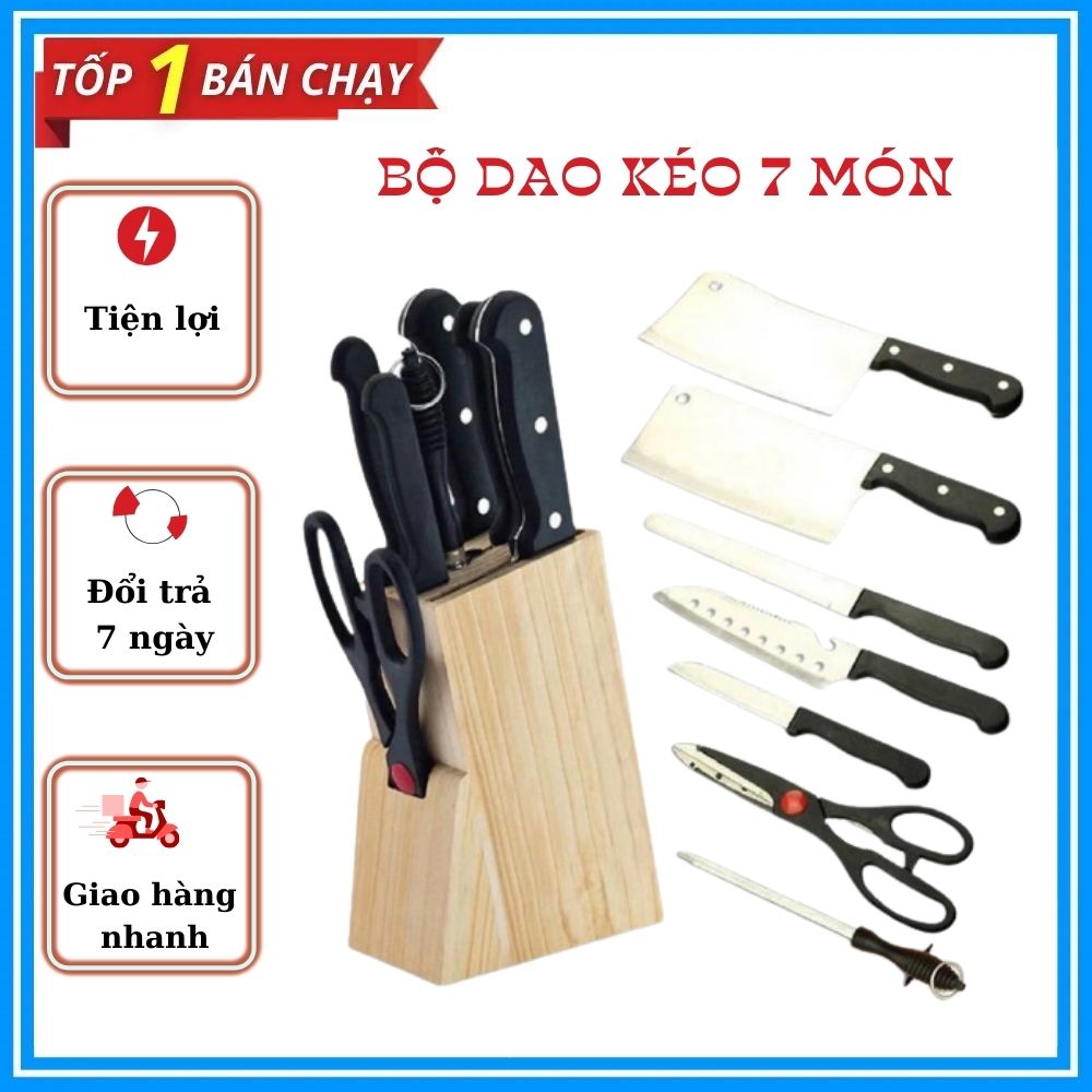 Bộ dao kéo hợp kim Inox 7 món đa năng + Tặng kèm hộp khay gỗ