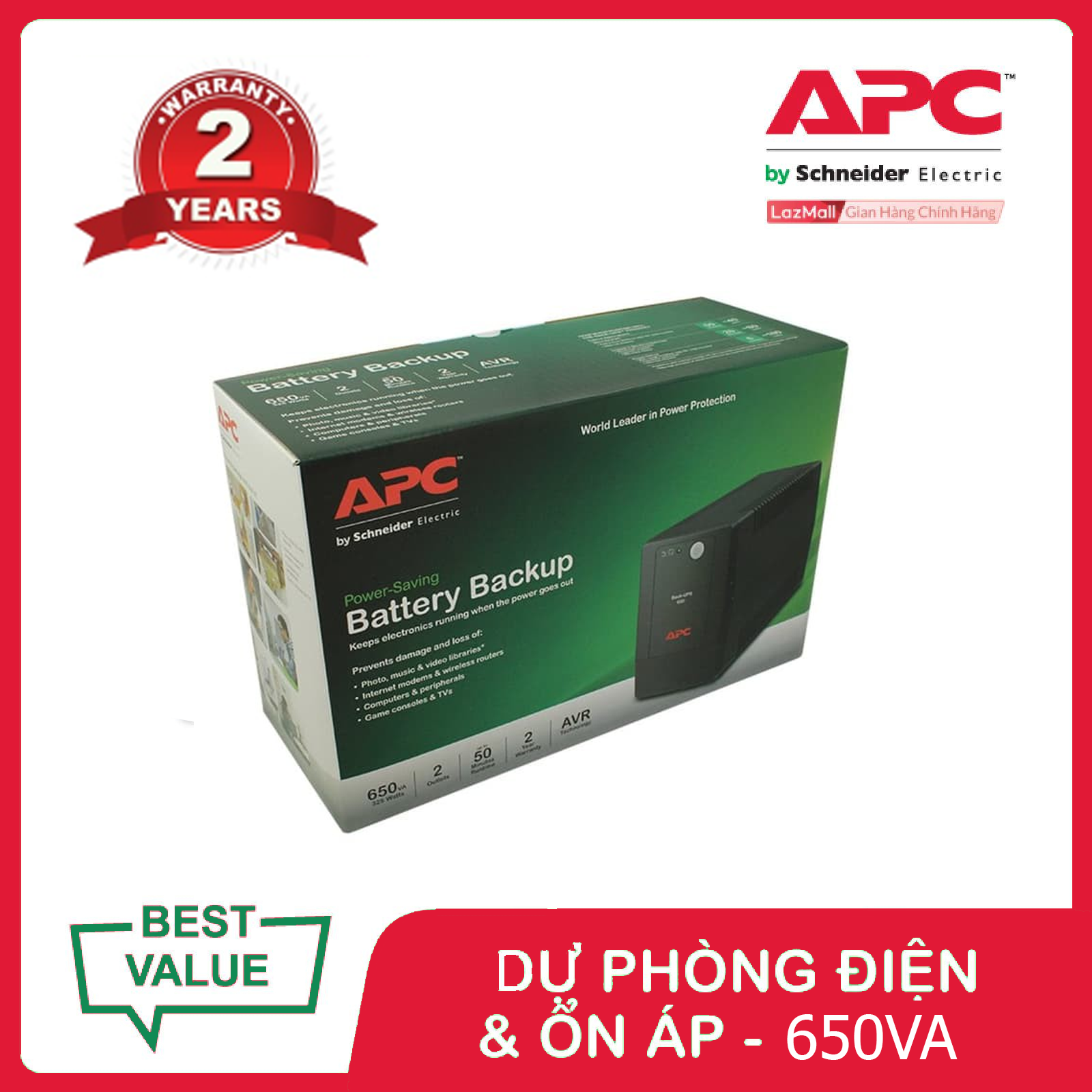 Bộ lưu điện APC: Back-UPS 650VA, 230V, AVR, Universal Sockets - BX650LI-MS