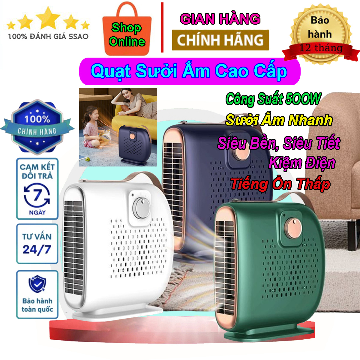 Quạt sưởi ấm mùa đông lona - quạt sưởi mini để bàn, công suất 500w, quạt sưởi ấm nhanh, chống giật, an toàn cho da, đèn sưởi trong phòng ngủ, quạt sưởi ấm mini, máy sưởi ấm mini để bàn, quạt mini để bàn.