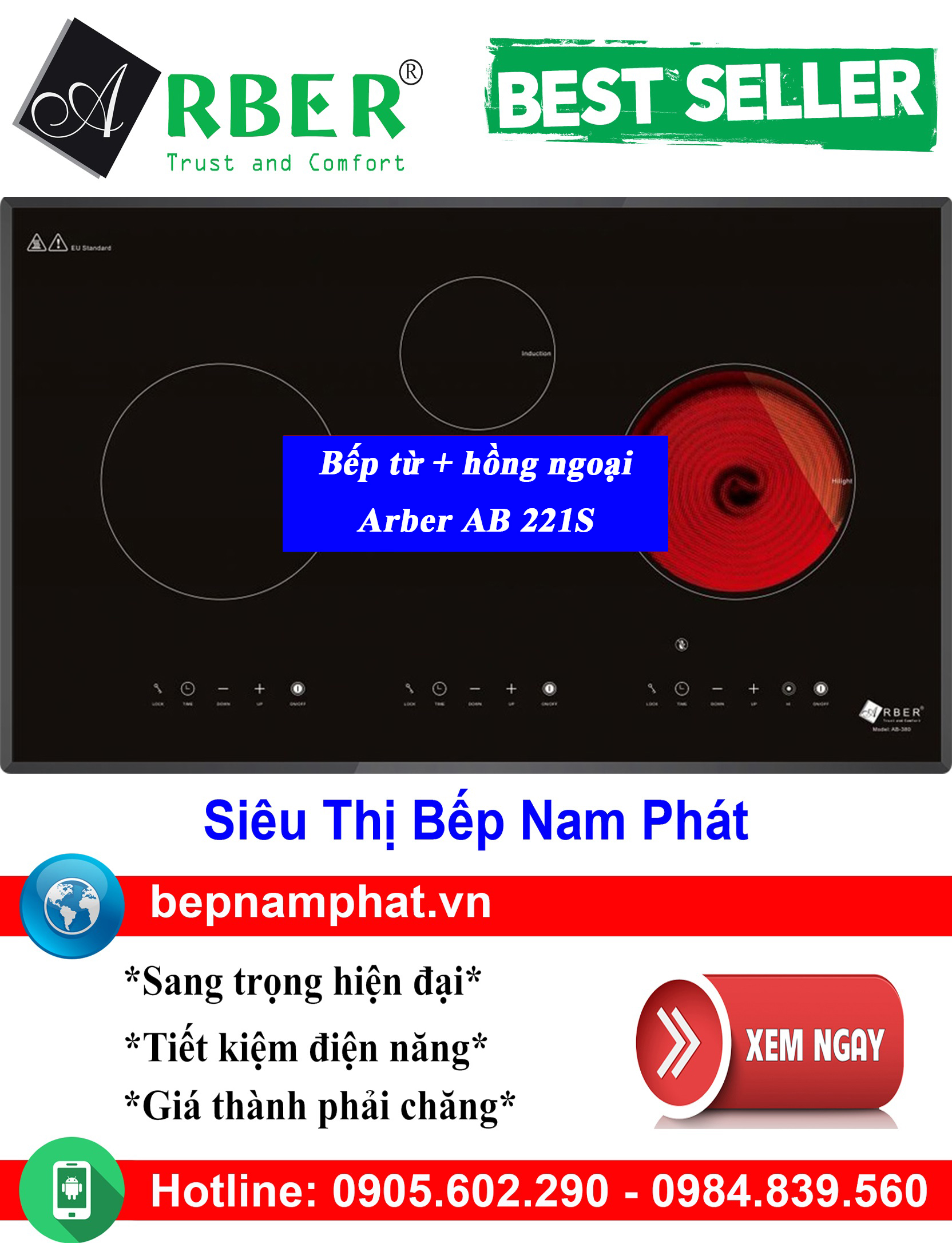 Bếp điện từ Arber AB-221S - Bếp điện từ âm 760x460mm, 8 mức công suất, mặt kính Vitroceramic chịu nhiệt 1000°C