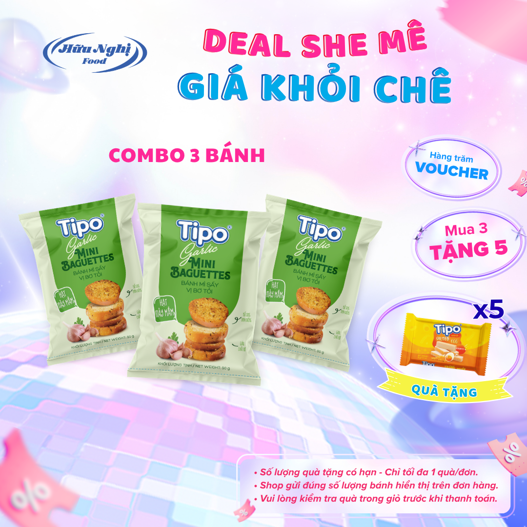 COMBO 3 Bánh mì sấy Bơ tỏi Tipo 50g Hữu Nghị dinh dưỡng, ngon giòn, ăn vặt tiện lợi
