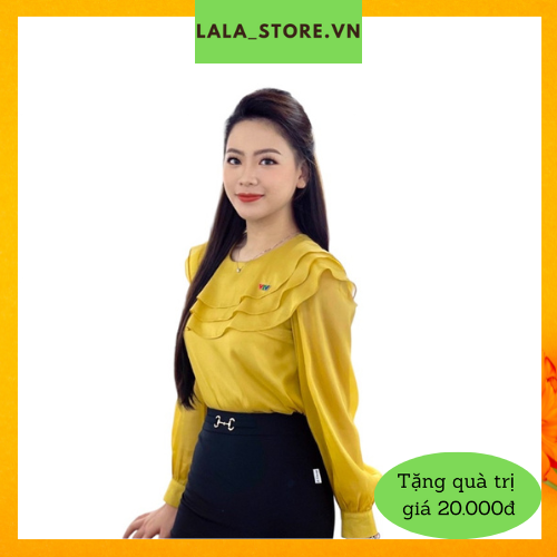 Áo sơ mi nữ cổ viền bèo trước ngực vải Voan tơ cao cấp, tay dài phong cách thời trang công sở-LALA_STORE.VN