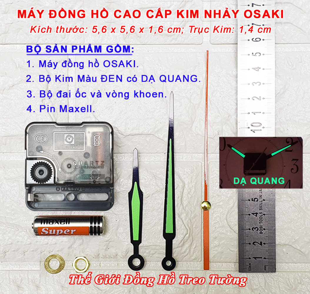 Máy Đồng Hồ Kim Nhảy Cao Cấp OSAKI – Bộ Kim ĐEN Dạ Quang Xanh – Tặng Pin Maxell – Bảo Hành 1 Năm