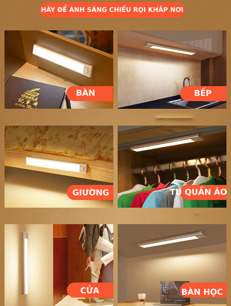 Bộ đèn LED cảm ứng gắn tủ, tủ quần áo, tủ chén, tự động sáng, tiện dụng tích hợp pin sạc, nhiều mẫu