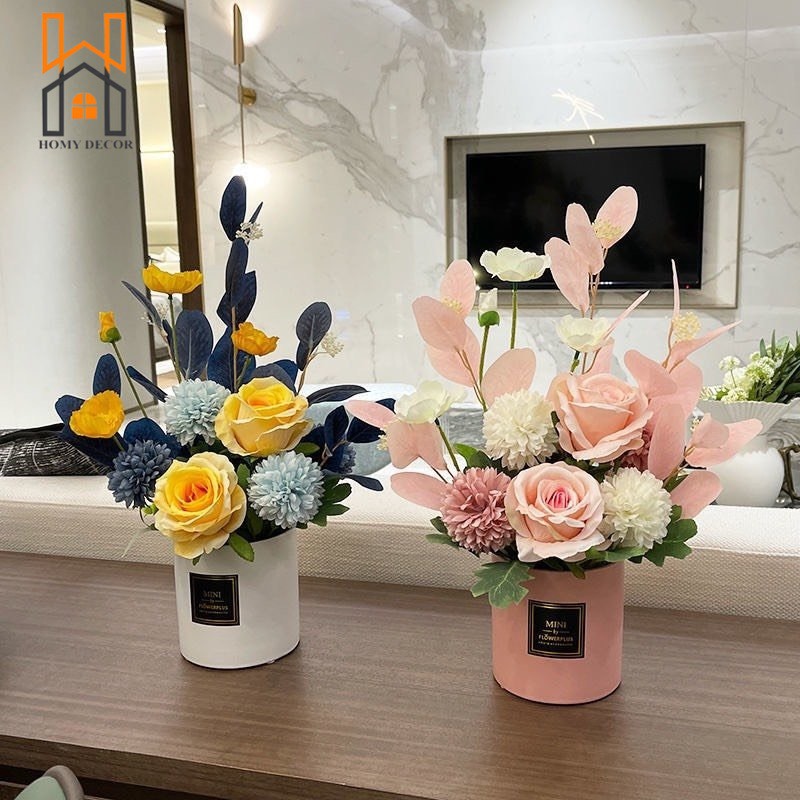 Lọ hoa giả trang trí để bàn. Bình, lọ kèm hoa lụa cắm sẵn mix màu sắc theo yêu cầu, dùng để decor, trang trí