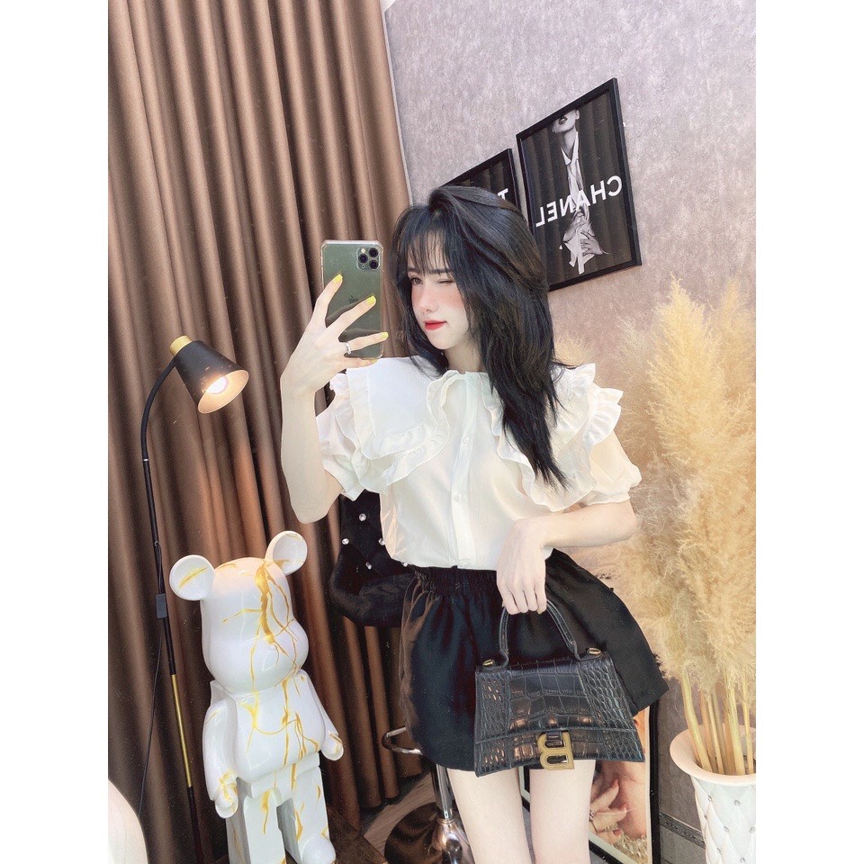 Áo sơ mi cộc tay cổ bèo tiểu thư